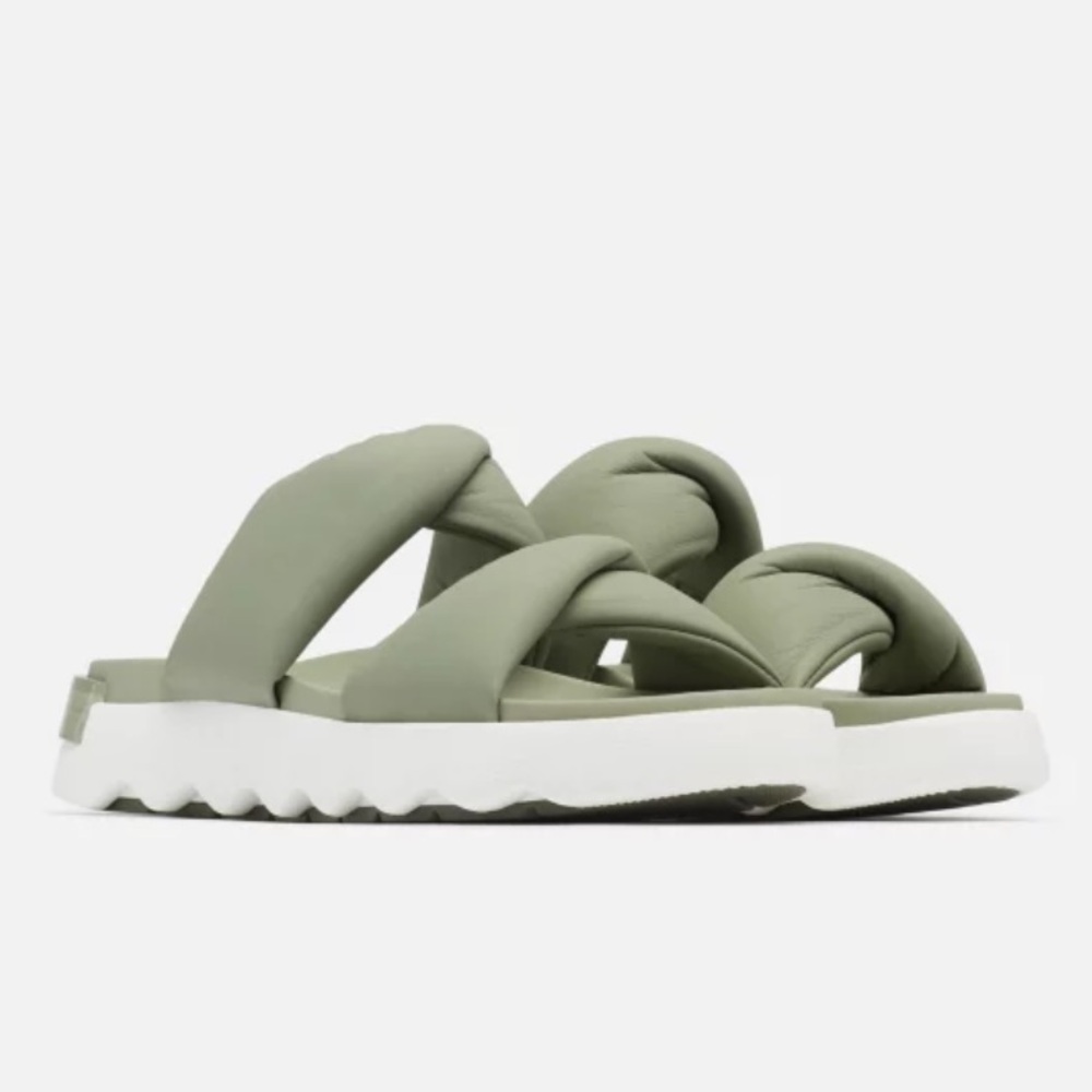 NWOT Sorel Viibe Twist Slide Sandal Womens Safari Stone Green
